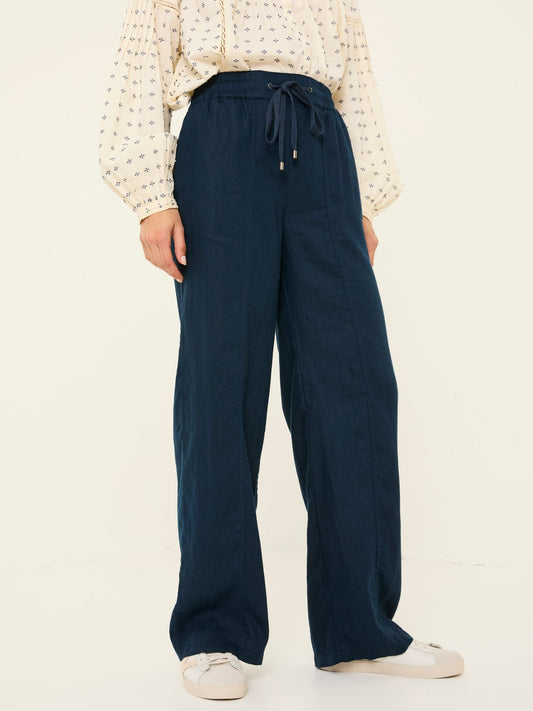 Yorteeza Navy Wide Leg Linen Classic Trousers